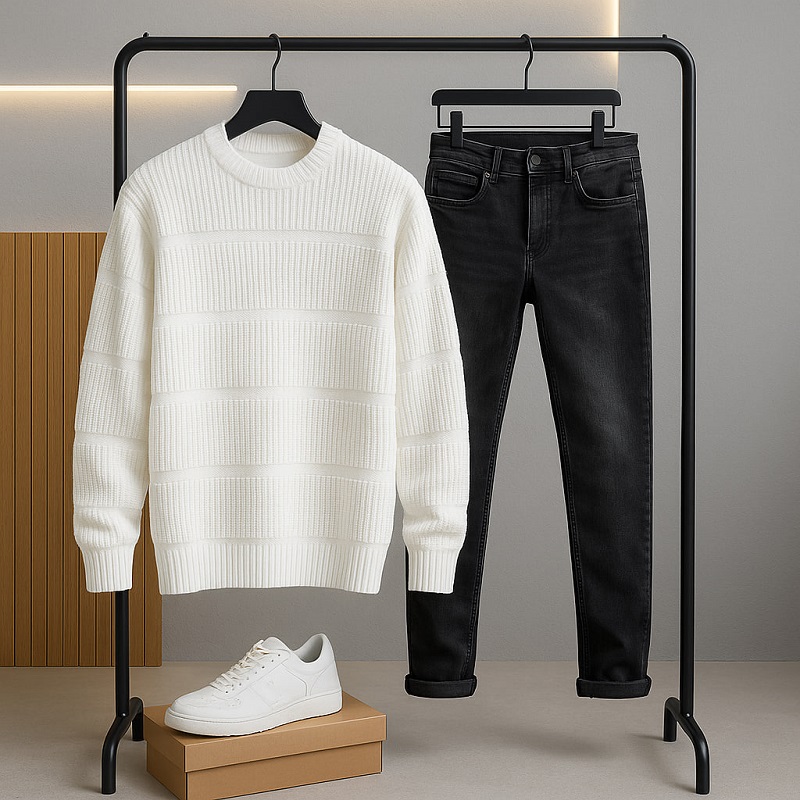 پلیور بافت مردانه یقه گرد مدل Arman-سفید